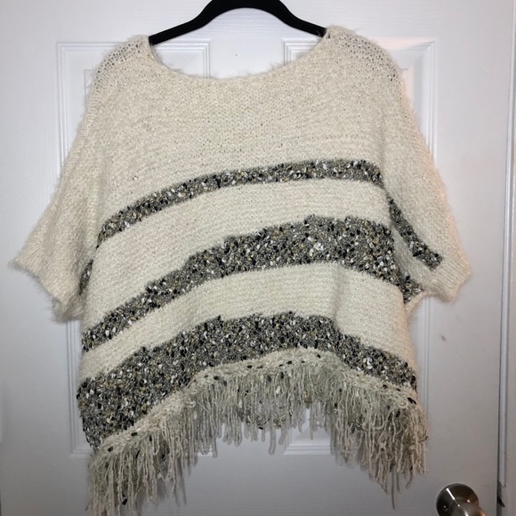 Anthropologie MOTH Knit Chunky Striped Fringe Crewneck Sweater Poncho Medium - Picture 7 of 7